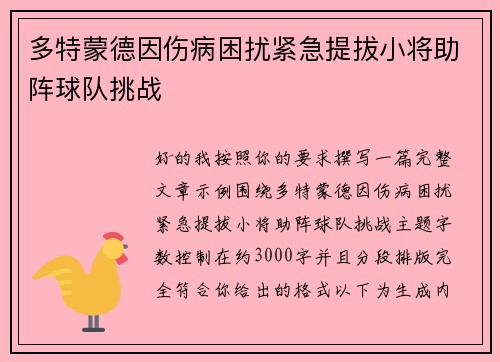 多特蒙德因伤病困扰紧急提拔小将助阵球队挑战